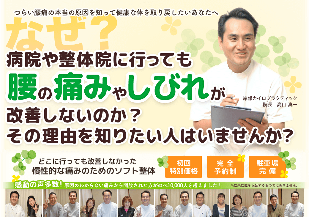 つらい痛みの本当の原因を知って健康な体を取り戻したいあなたへ　なぜ？病院や整体院に行っても腰の痛みやしびれが改善しないのか？　その理由を知りたい人はいませんか？　どこに行っても改善しなかった慢性的な痛みのためのソフト整体　岸部カイロプラクティック　初回特別料金　完全予約制　駐車場完備！