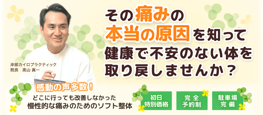 その痛みの本当の原因を知って、健康で不安のない身体を取り戻しませんか？　どこに行っても改善しなかった慢性的な痛みのためのソフト整体　岸部カイロプラクティック　初日特別価格　完全予約制　駐車場完備！