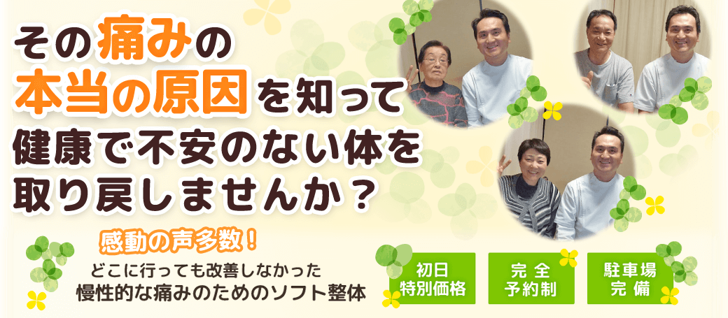 その痛みの本当の原因を知って、健康で不安のない身体を取り戻しませんか？　どこに行っても改善しなかった慢性的な痛みのためのソフト整体　岸部カイロプラクティック　初日特別価格　完全予約制　駐車場完備！