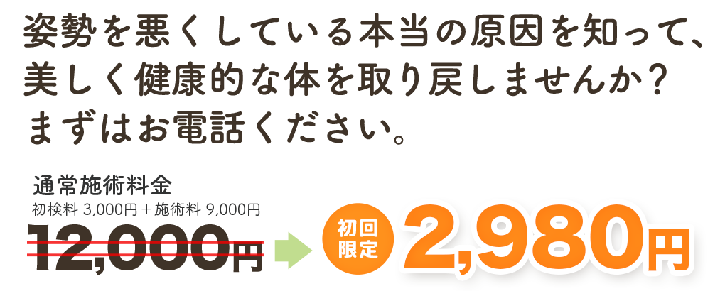 姿勢を悪くしている本当の原因を知って、美しく健康的な身体を取り戻しませんか？　初回特別価格 通常料金12,000円のところ　月１０名様限定で2,980円　岸部カイロプラクティック